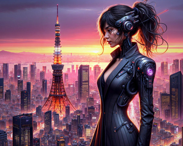 Futuristic Woman in Cybernetic Attire at Sunset Skyline