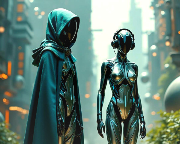 Futuristic humanoid robots in a vibrant urban setting