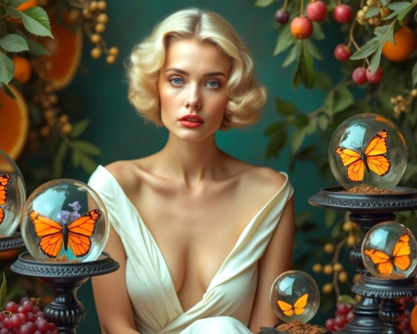 Elegant Woman Surrounded by Fruits and Butterflies