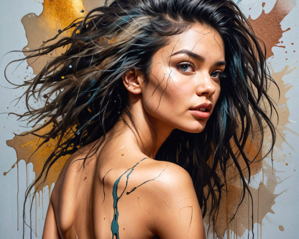 Portrait of a woman with blue hair and gold accents