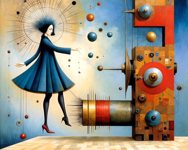 Whimsical Woman in Blue Dress on Geometric Platform