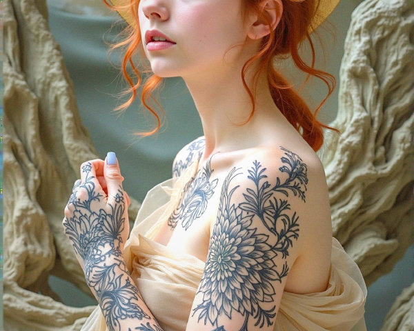 Young woman with red hair and floral tattoos