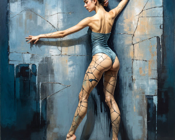 Graceful Female Figure Against Abstract Blue Gray Background