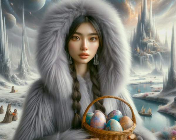 Young woman in fur coat in a fantastical landscape