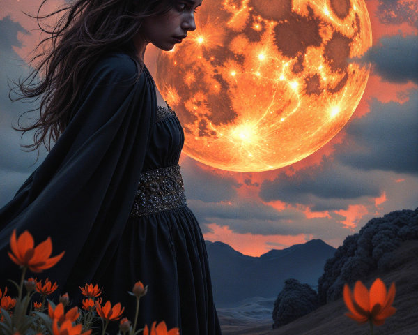 Young woman in dark gown in moonlit flower field