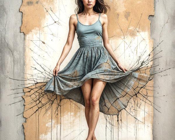 Woman in Blue Top and Patterned Skirt by Wall