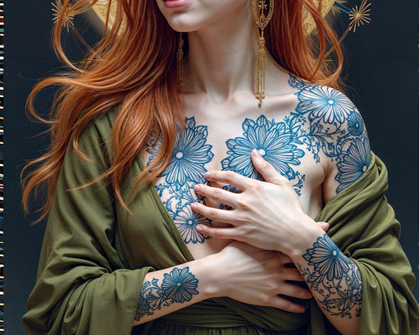 Woman with Red Hair in Green Garment and Floral Tattoos