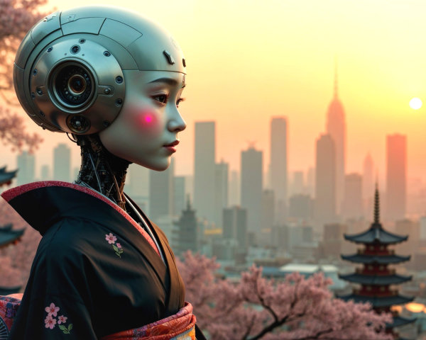 Futuristic Robot in Kimono Overlooking Cityscape