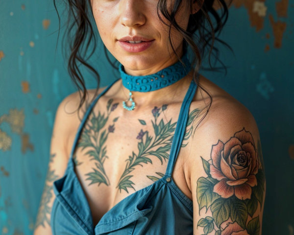 Young woman in blue dress with tattoos and backdrop