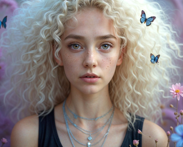 Young Woman with Curly Hair Surrounded by Nature