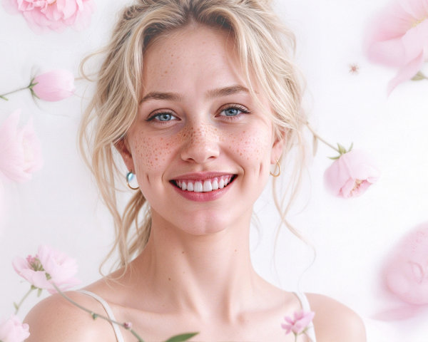 Young woman with blonde hair and pink flowers