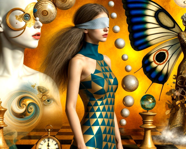 Surreal Scene with Blindfolded Woman and Abstract Elements