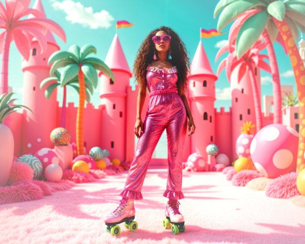 Whimsical Scene of a Young Woman in Pink Jumpsuit