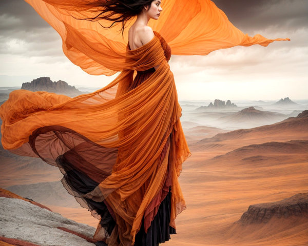 Poised Figure in Flowing Orange Fabric on Rugged Landscape
