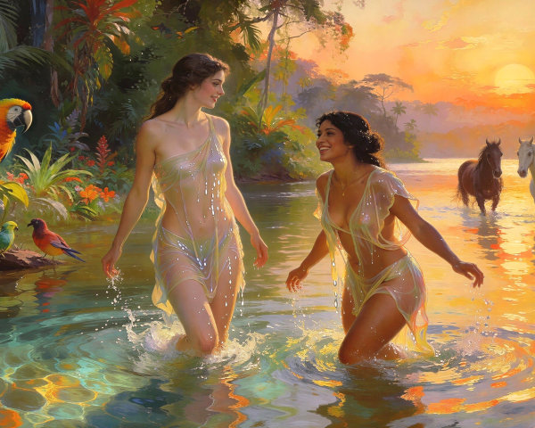 Scenic river view with women, horses, and sunset