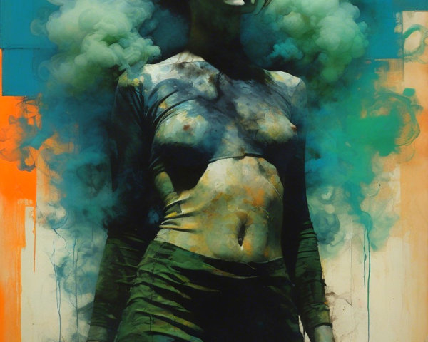 Woman in vibrant green and orange smoke artwork
