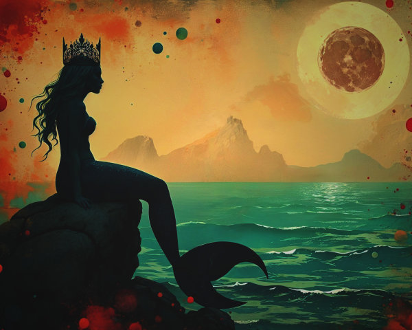 Mermaid Silhouette at Sunset with Luminous Moon