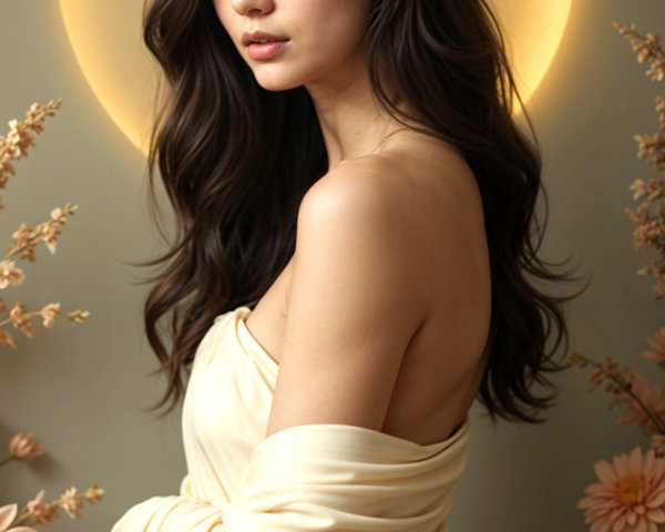 Serene portrait of a young woman with flowing fabric