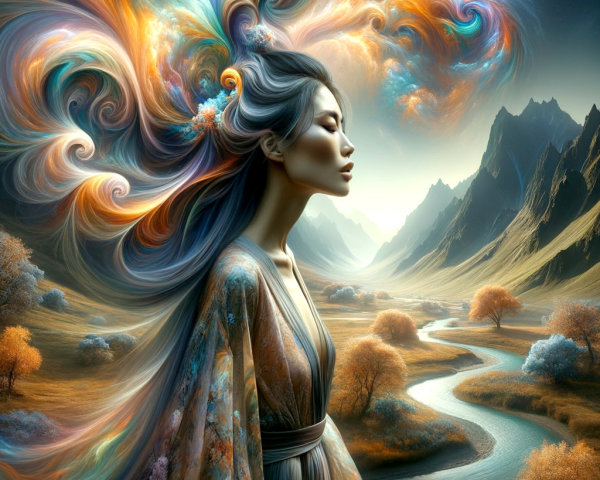 Serene figure in flowing robe amidst vibrant nature