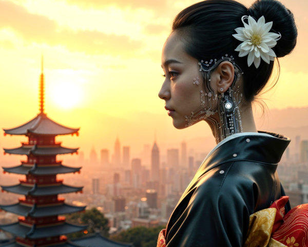 Woman in Traditional Attire Against Sunset and Skyline