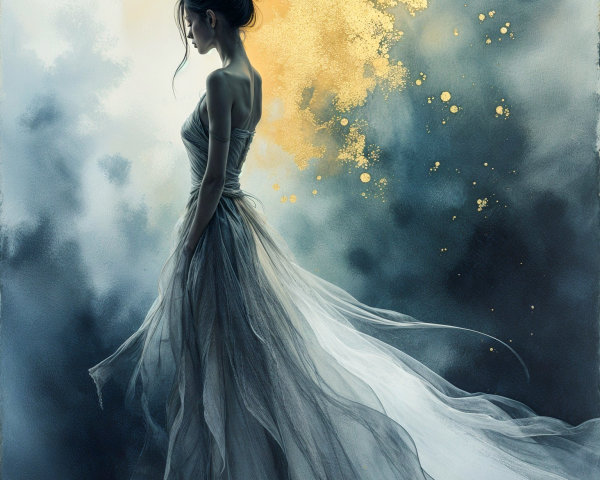 Elegant figure in ethereal gown with soft colors
