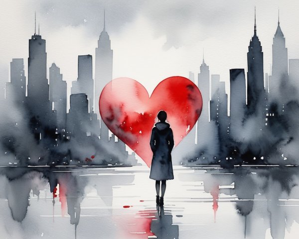 Silhouette of Woman with Red Heart and City Skyline