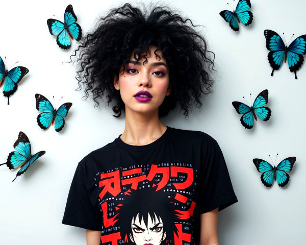Young woman with curly hair and graphic t-shirt