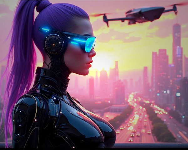 Futuristic Cityscape with Cybernetic Woman at Sunset