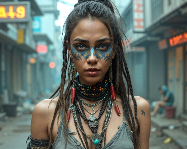 Striking Woman in Vibrant Face Paint in Misty Alley
