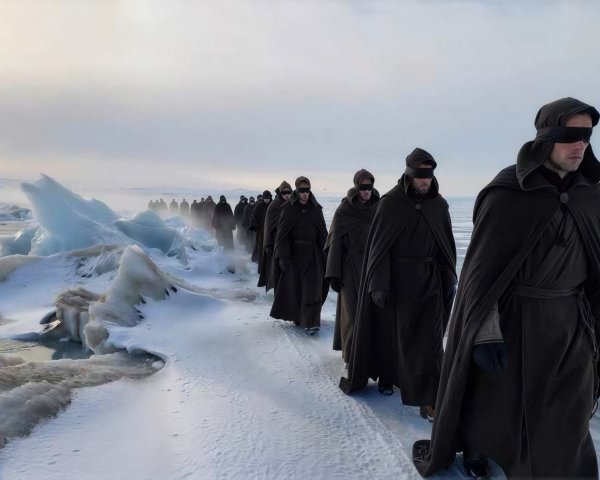 Men in Hooded Capes Marching on Snowy Path