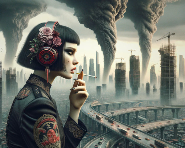 Futuristic woman with bob haircut in chaotic skyline