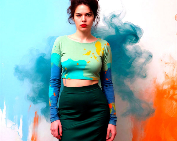 Young woman in mint crop top with colorful paint splatters