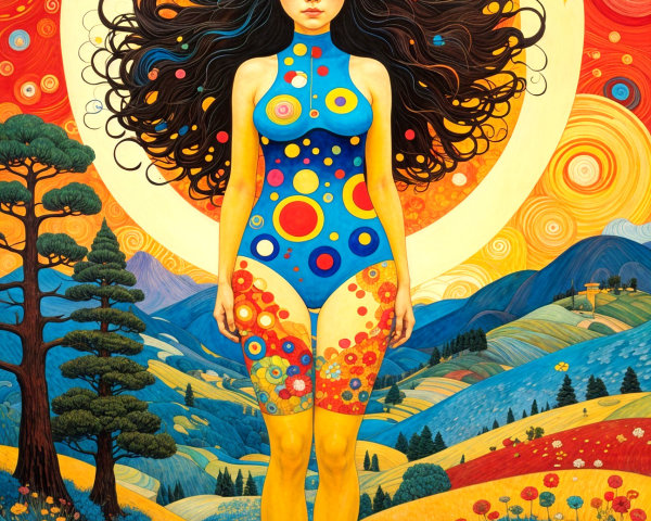 Woman in Bodysuit Surrounded by Colorful Landscape