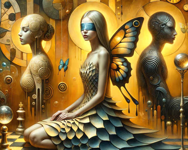 Surreal Scene of Woman with Butterfly Wings and Figures