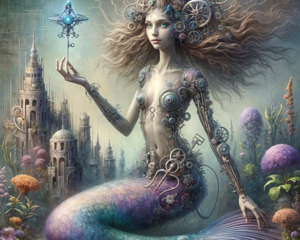 Mermaid with Metallic Hair in Vibrant Underwater Scene