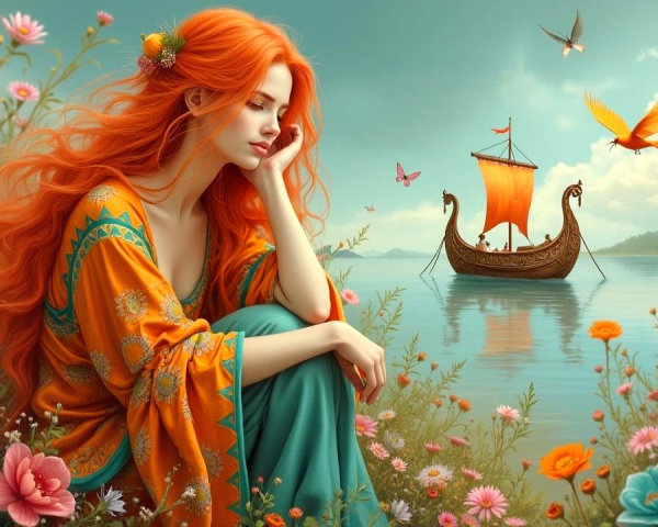 Young Woman in Vibrant Flowers by Calm Water