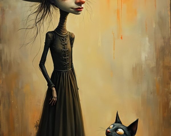 Whimsical Witch and Cat in Surreal Landscape