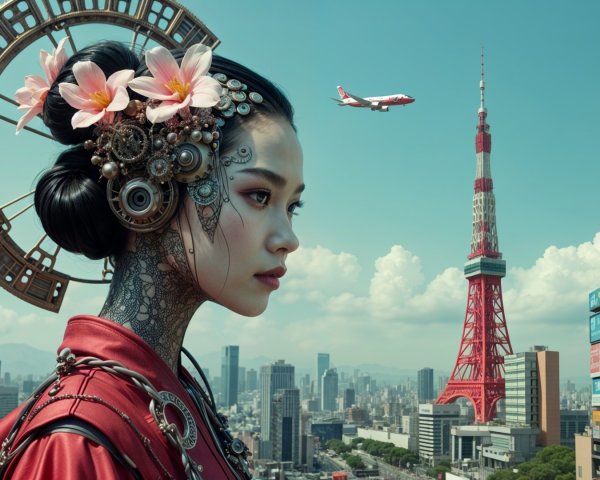 Portrait of a woman with tattoos and Tokyo skyline