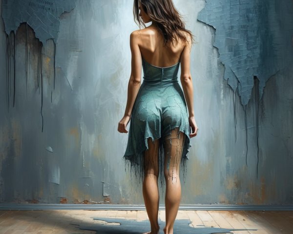 Young Woman in Teal Dress Against Peeling Wall