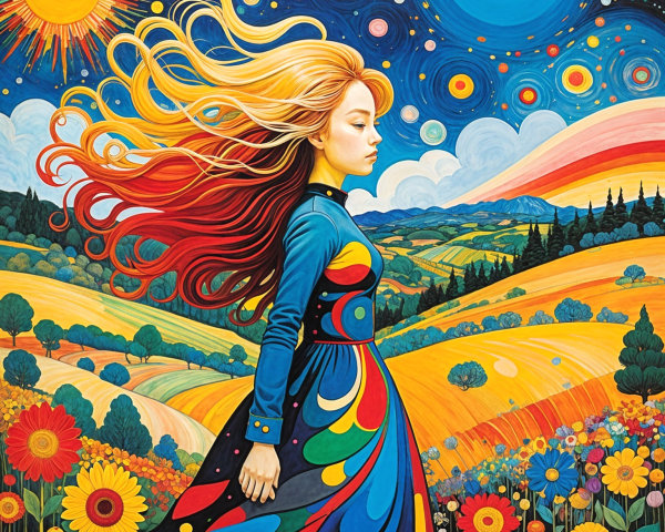 Vibrant Landscape with Woman in Multicolored Dress