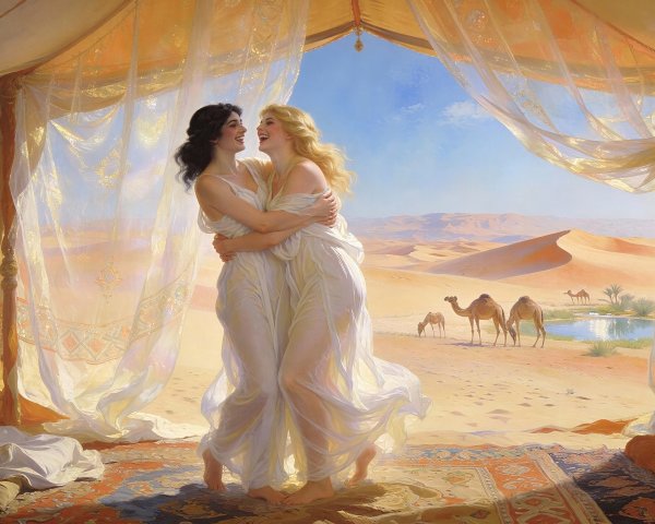 Women in Sheer Dresses Inside Decorative Desert Tent