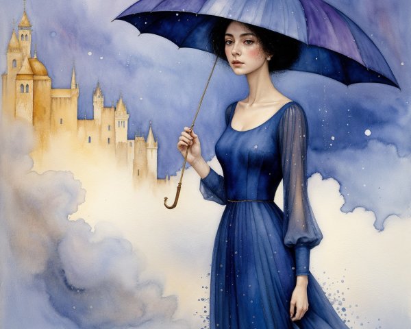 Young Woman in Blue Gown Under Elegant Umbrella