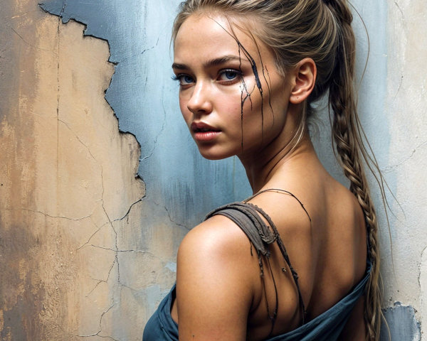 Young woman with flowing hair against textured wall