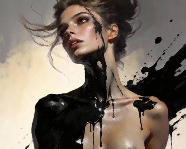 Digital Artwork of Woman with Windswept Hair and Ink Drips