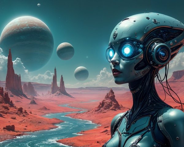 Futuristic Robot in Surreal Alien Landscape with Planets