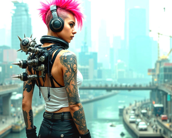 Futuristic Cityscape with Confident Woman and Tattoos