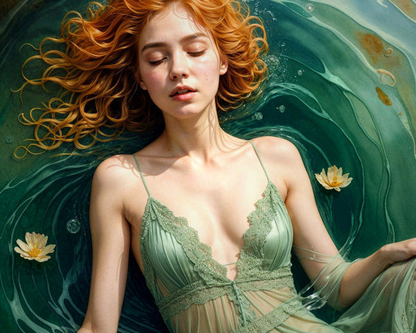 Serene figure in tranquil water with flowing fabric