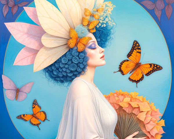Serene Woman with Blue Hair and Floral Accents