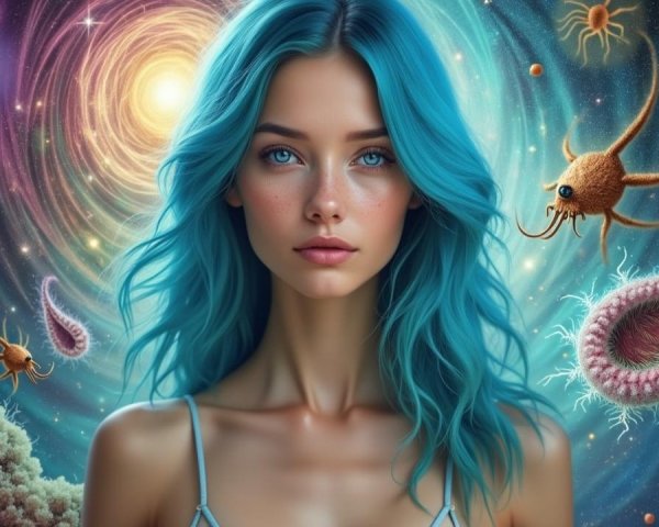 Young Woman with Blue Hair Against Cosmic Backdrop
