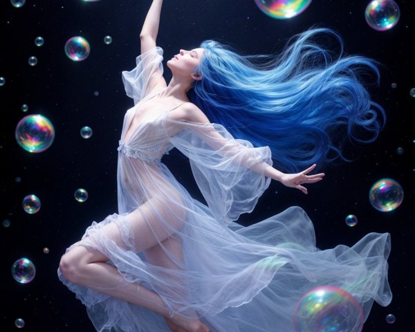 Ethereal figure with blue hair in dark space
